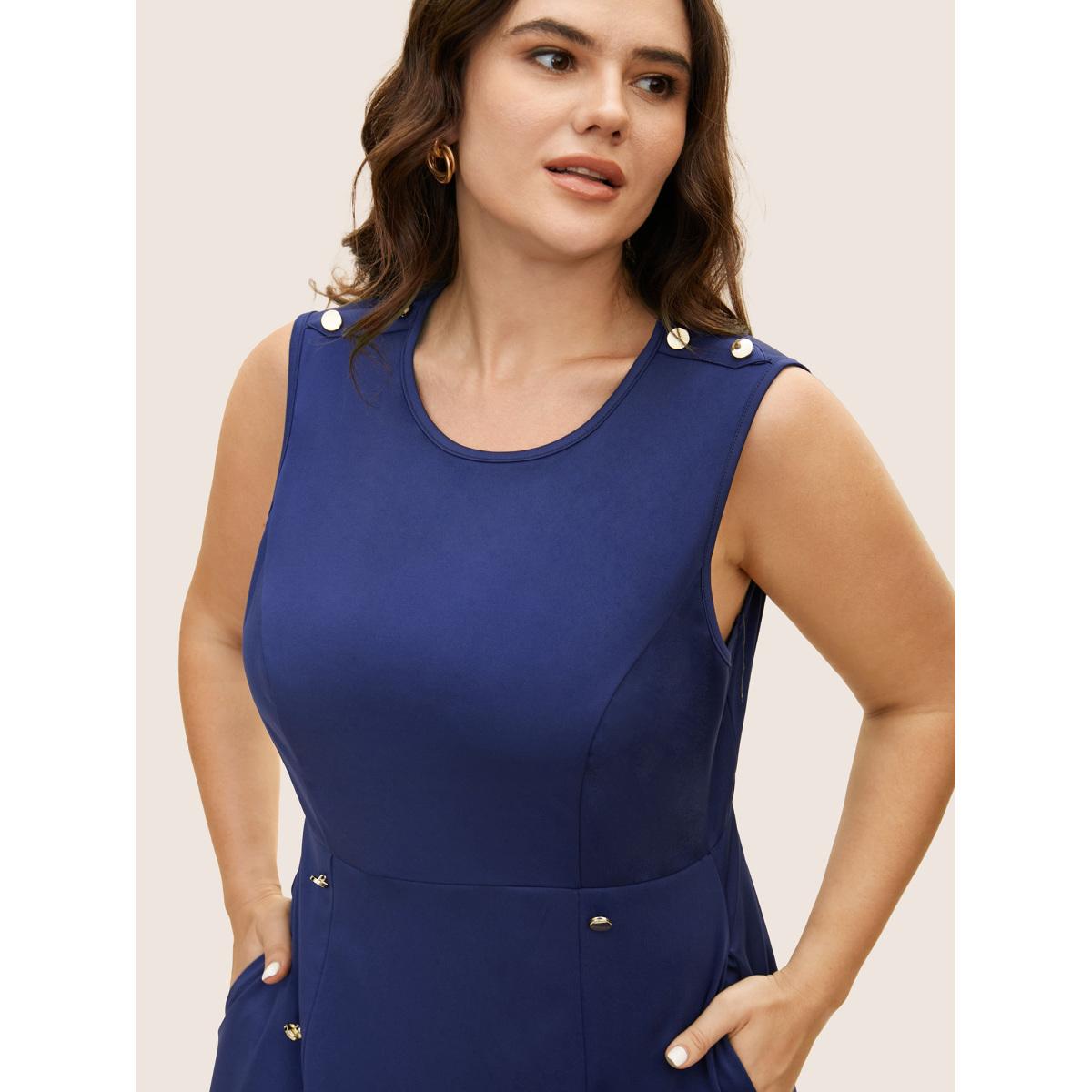Plus Size Plain Metal Detail Pleated Tank Dress Navy Women At the Office Button Round Neck Sleeveless Curvy BloomChic 14-16/1X Product Image