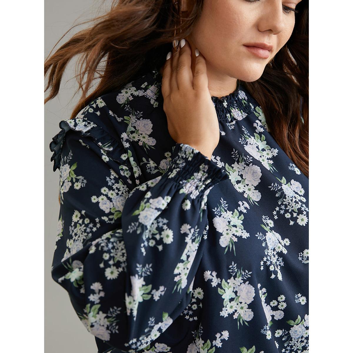 Plus Size Indigo Ruffle Trim Floral Print Shirred Blouse Women Elegant Long Sleeve Mock Neck Office Blouses BloomChic 18-20/2X Product Image
