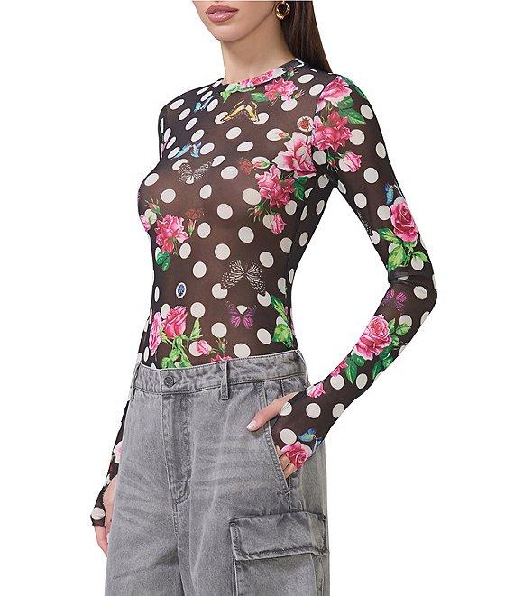 AFRM Kaylee Mesh Dotted Floral Printed Crew Neck Long Sleeve Top Product Image