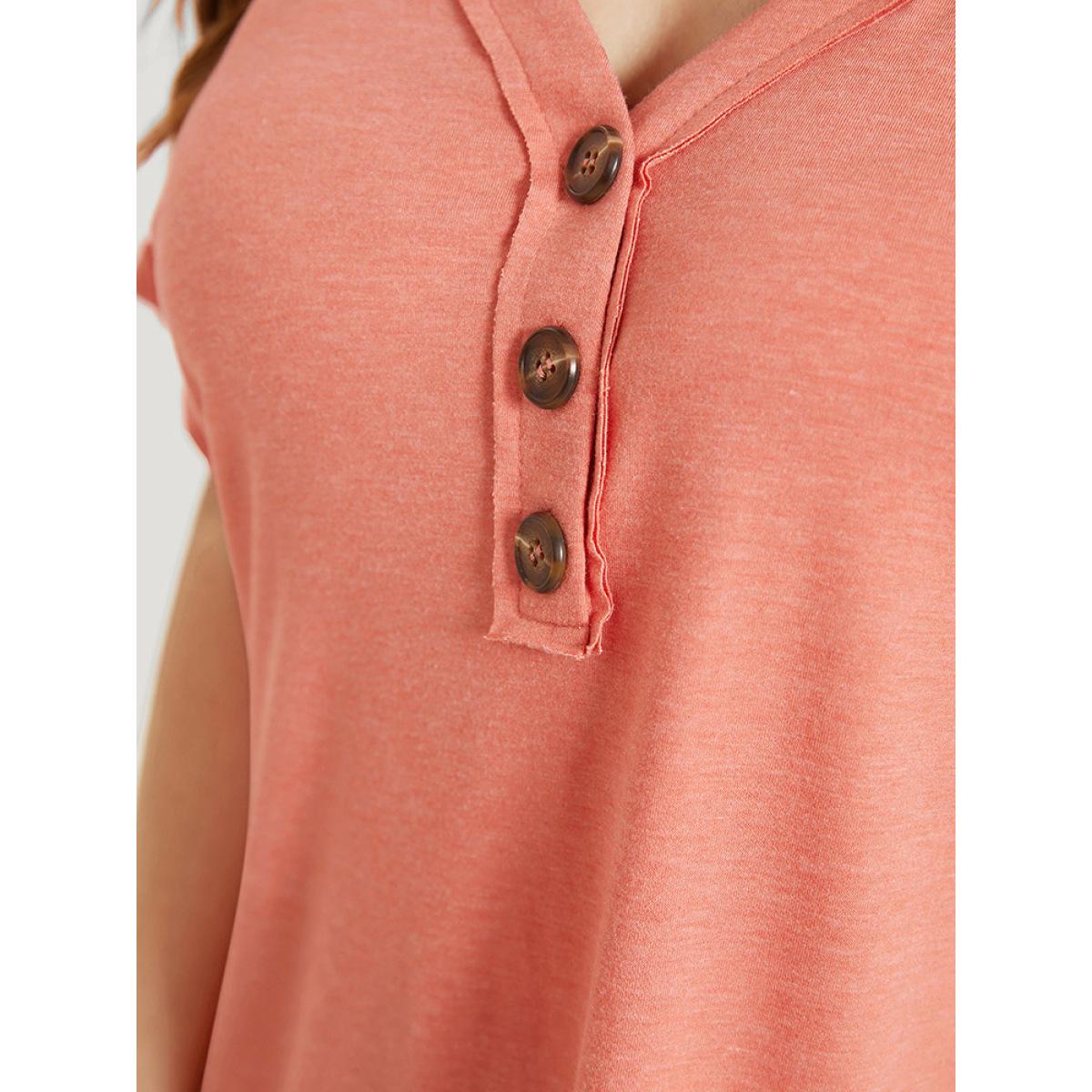 Plus Size Plain Button Detail Roll Dolman Sleeve T-shirt Coral Women Casual Plain V-neck Dailywear T-shirts BloomChic 26/4X Product Image