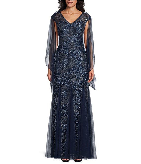 Alex Evenings V-Neck Cap Sleeve Floral Embroidered Stretch Tulle Godet Skirt Long Dress Product Image