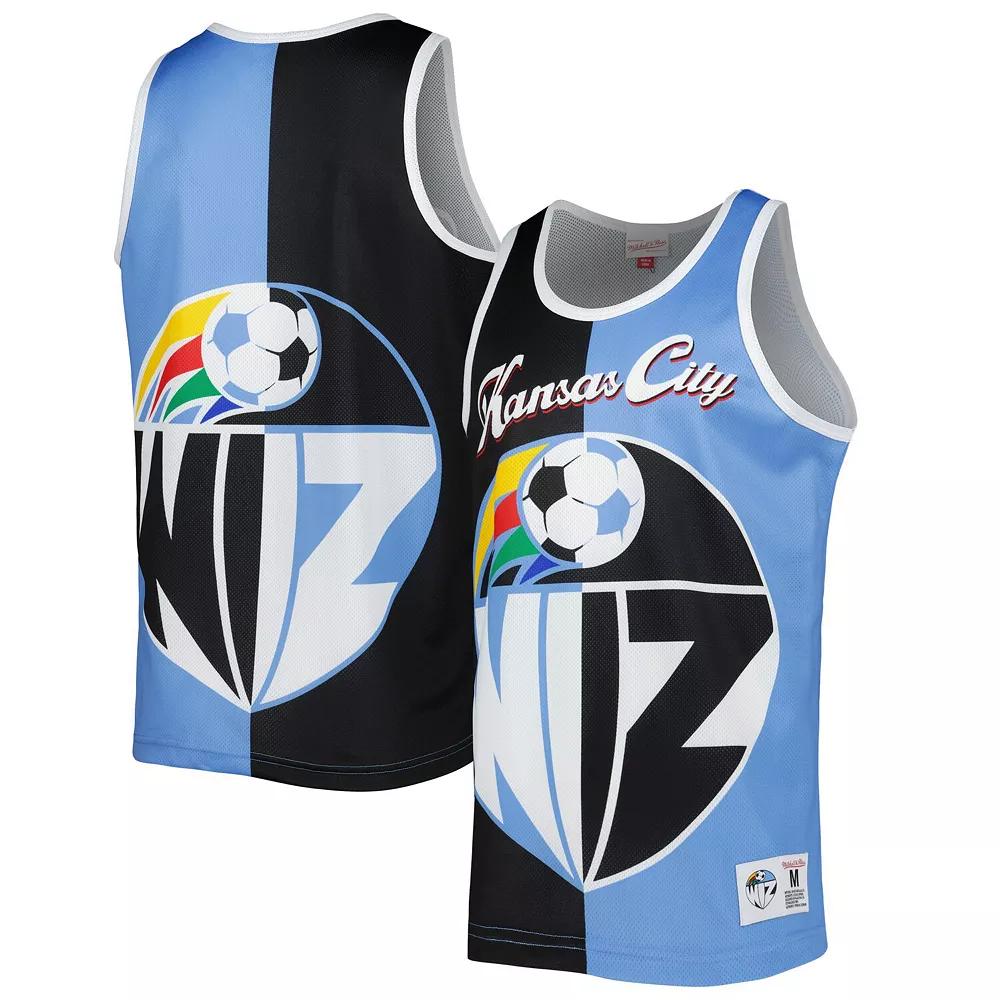 Men's Mitchell & Ness Black/Sky Blue Sporting Kansas City Sublimated Split Logo Tank Top,  Product Image