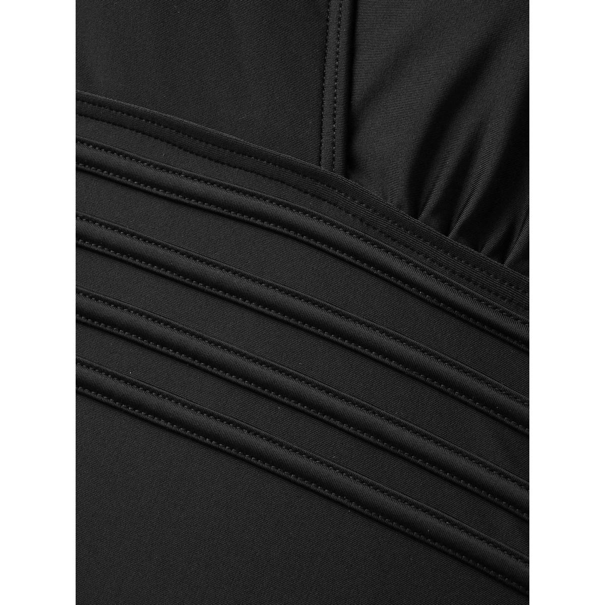 Plus Size Overlap Collar Back Crisscross Ruched One Piece Swimsuit Women's Swimwear Black Beach Woven ribbon&lace trim Curve Bathing Suits High stretch One Pieces BloomChic 10/M Product Image