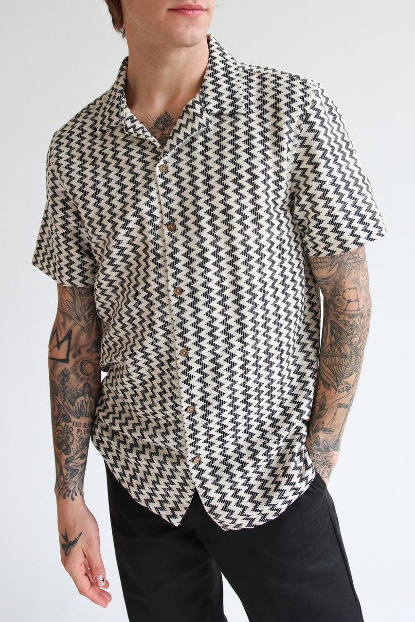 Natural Zigzag Textured Knit Button Up Shirt Product Image