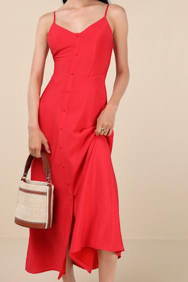 Sanya Red Button-Front Sleeveless Midi Dress Product Image