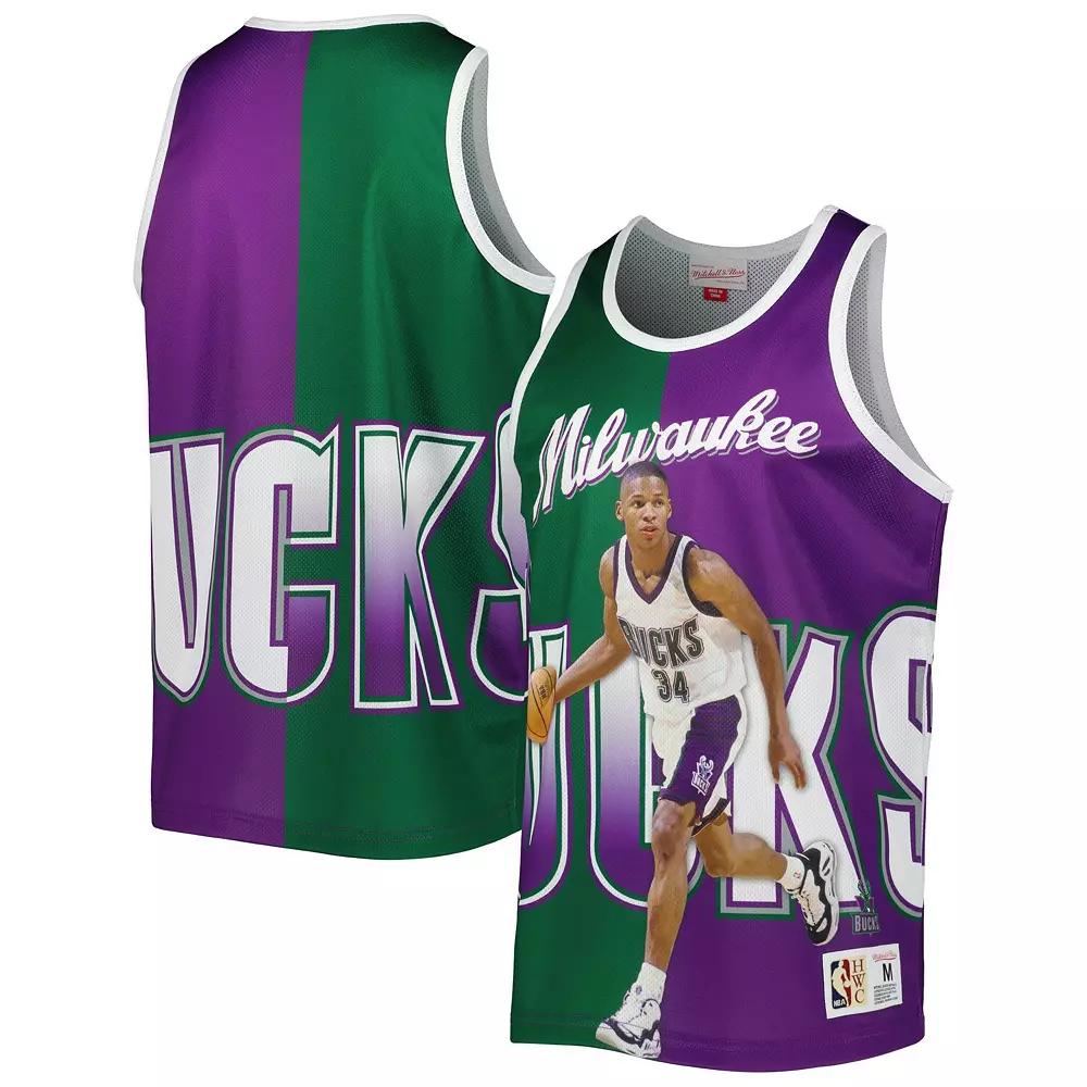 Men's Mitchell & Ness Ray Allen Hunter Green/Purple Milwaukee Bucks Sublimated Player Tank Top, Size: Medium, Team Product Image