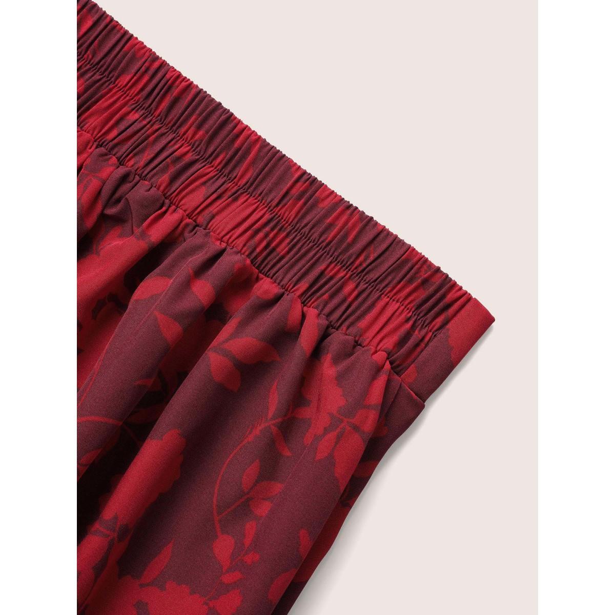 Plus Size Silhouette Floral Print Elastic Waist Pocket Cropped Skirt Women Burgundy Elegant Non No stretch Slanted pocket Everyday Skirts BloomChic 26/4X Product Image