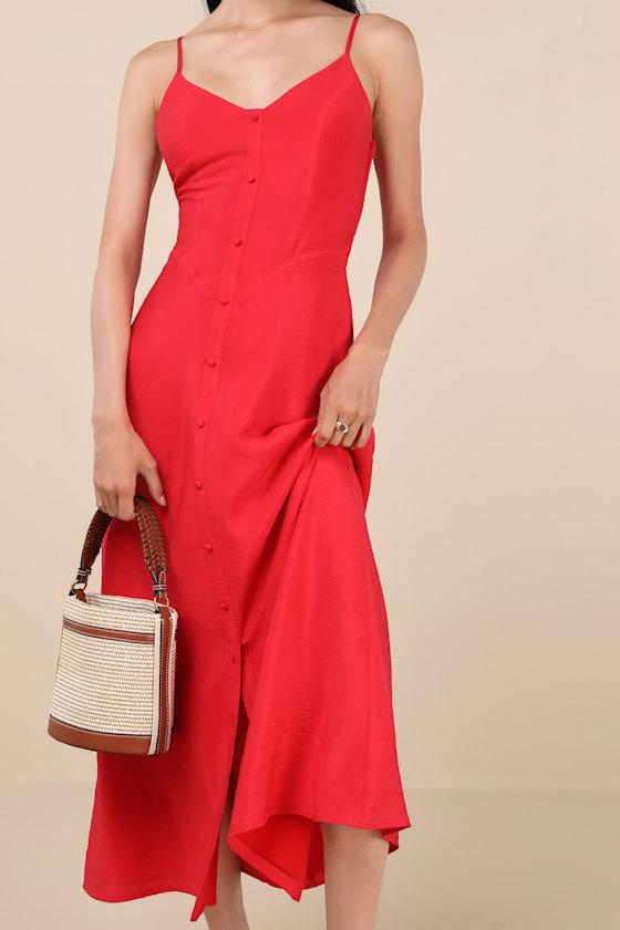 Sanya Red Button-Front Sleeveless Midi Dress Product Image