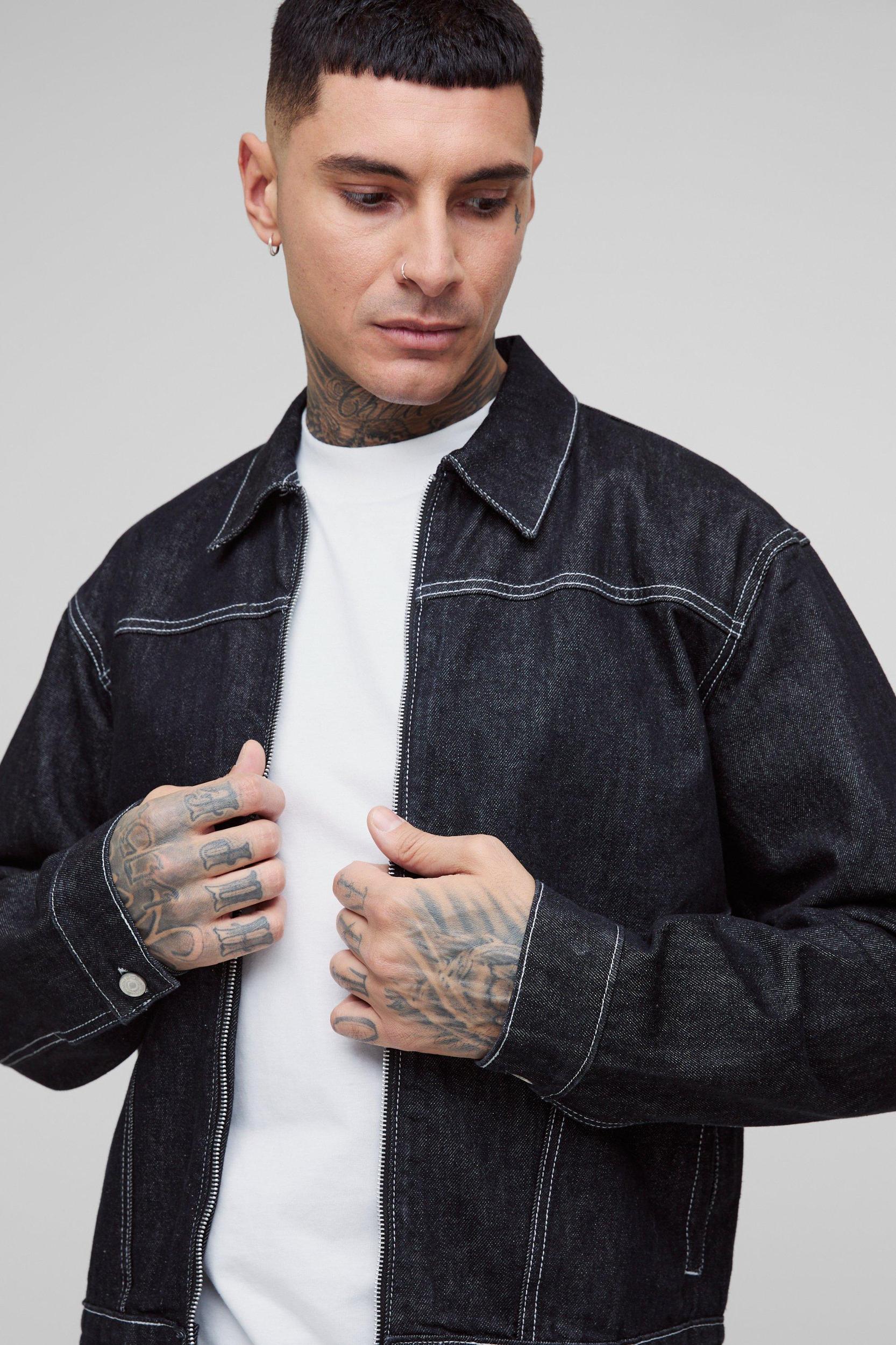 Tall Boxy Contrast Stitch Jean Jacket | boohooMAN USA Product Image