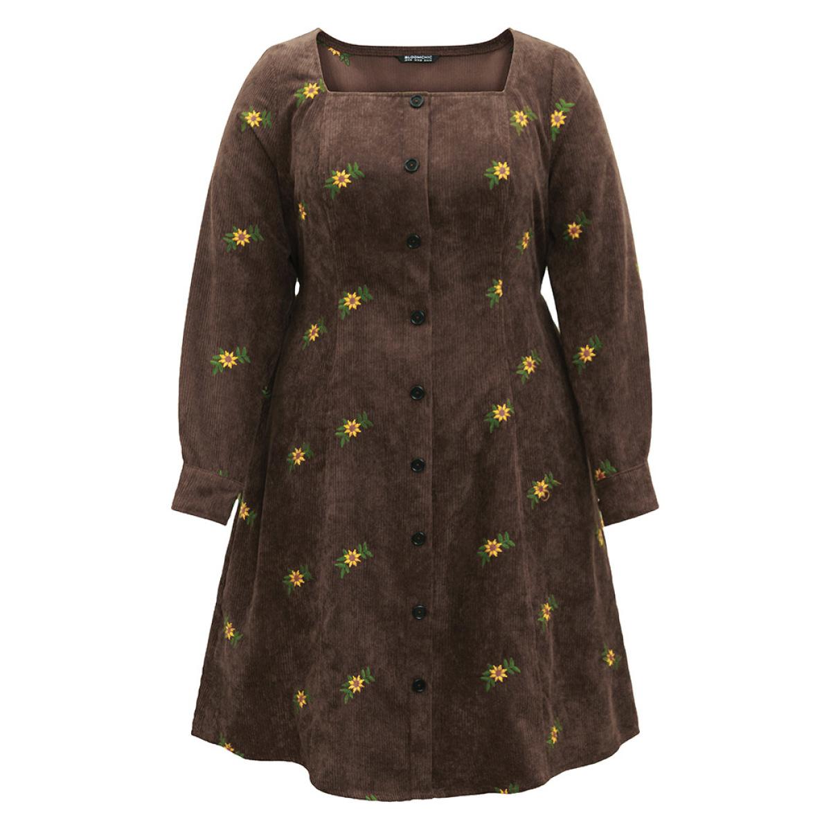 Plus Size Ditsy Floral Embroidered Corduroy Square Neck Dress DarkBrown Women Elegant Elastic cuffs Square Neck Long Sleeve Curvy Midi Dress BloomChic 10/M Product Image