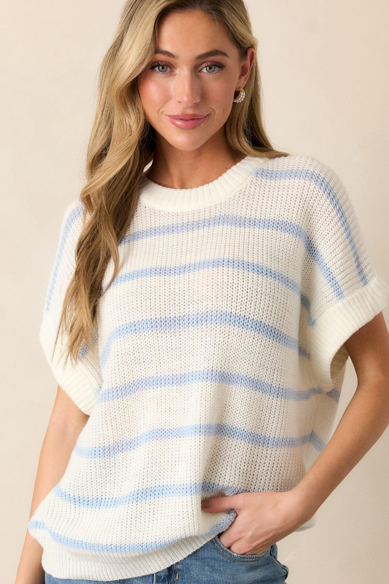 Where You Belong White & Blue Stripe Short Sleeve Sweater Top Product Image