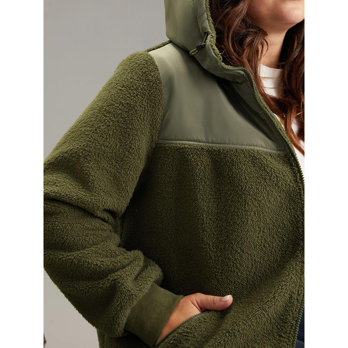 Plus Size Patchwork Zipper Rib Knit Hooded Teddy Jacket Women ArmyGreen Rib Knit Pocket Dailywear Jackets BloomChic 14-16/1X Product Image
