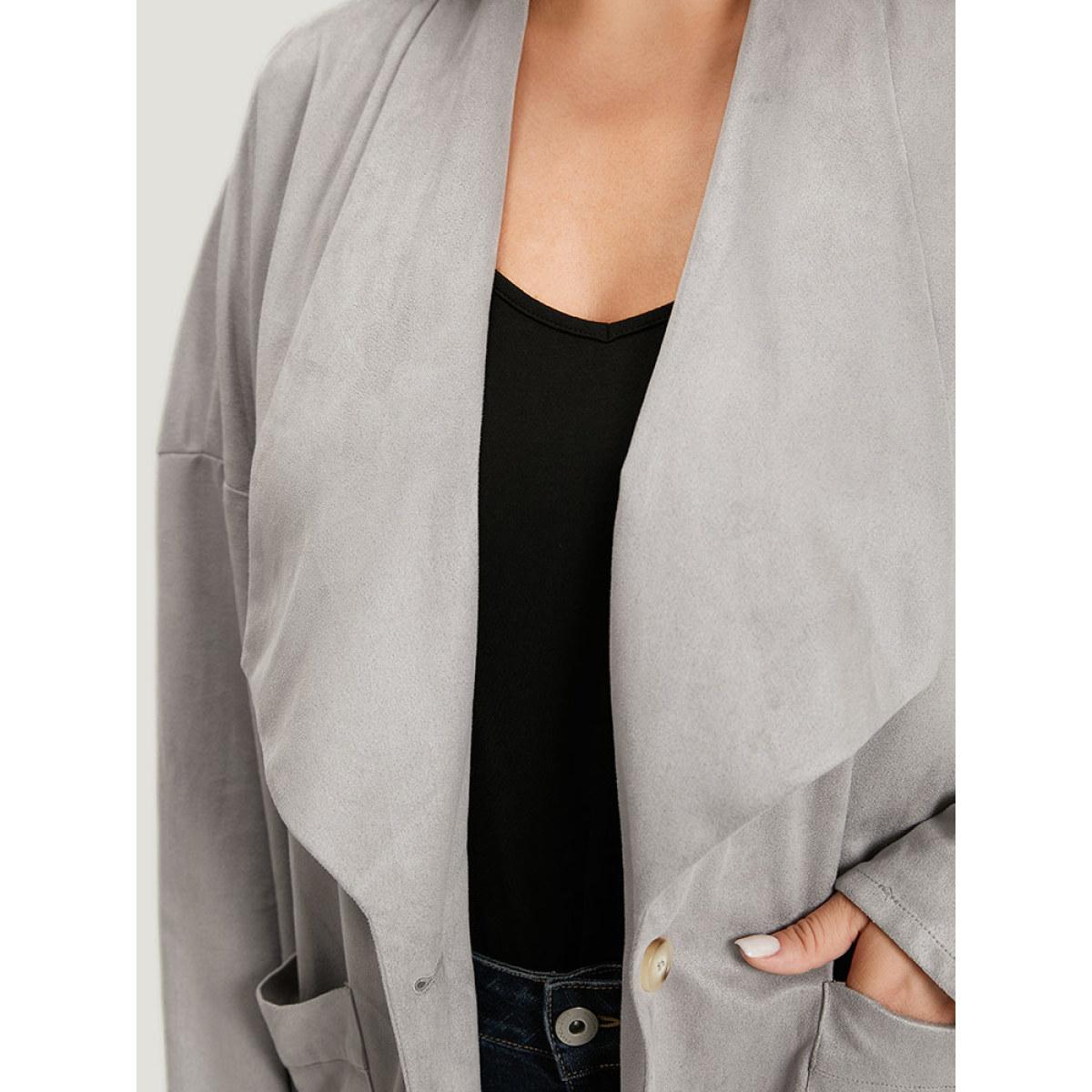 Plus Size Solid Lapel Collar Patched Pocket Faux Suede Coat Women DarkGray Casual Plain Ladies Dailywear Winter Coats BloomChic 14-16/1X Product Image
