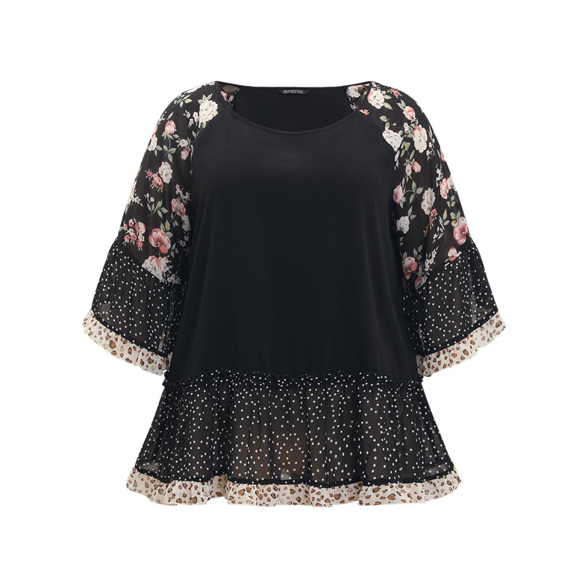 Plus Size Multicolor Floral & Polka Dot Flutter Trim Patchwork Blouse Women Elegant Half Sleeve Round Neck Dailywear Blouses BloomChic 26/4X Product Image