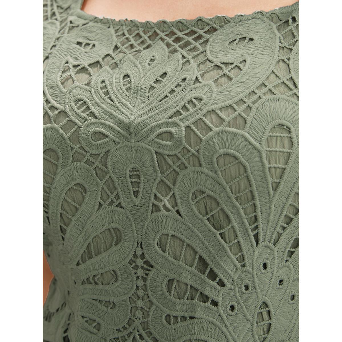 Plus Size Solid Square Neck Pocket Lace Ruffles Hem Dress Mint Women Elegant Elastic Waist Square Neck Short sleeve Curvy Midi Dress BloomChic 22-24/3X Product Image