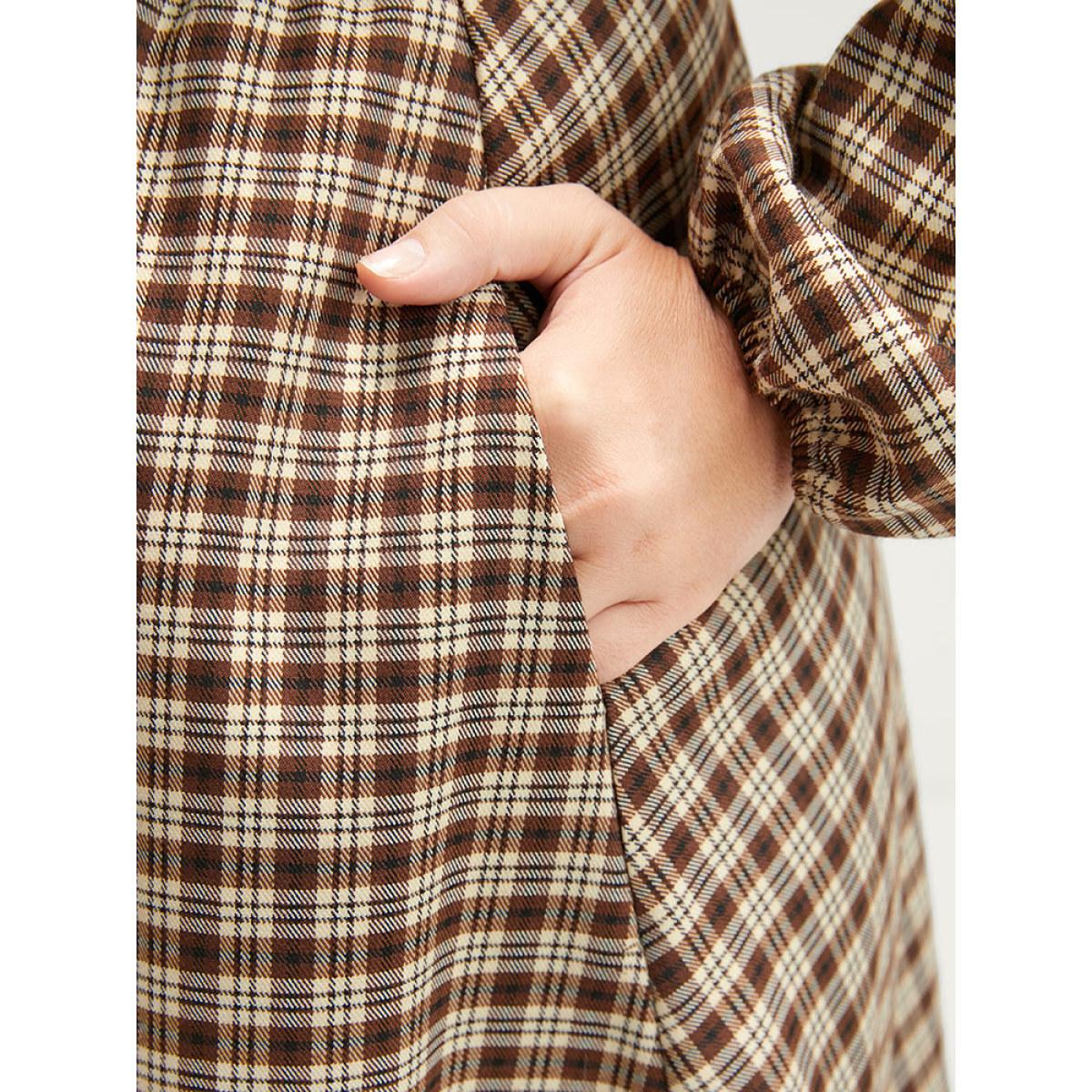 Plus Size Gingham Pocket Button Up Shirt Collar Dress Without Belt Bronze Women Office Pocket Shirt collar Long Sleeve Curvy Midi Dress BloomChic 26/4X Product Image