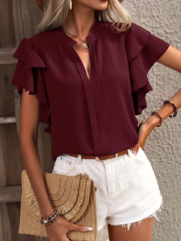 Loose Ruffle Sleeves Ruffle Trim Solid Color V-Neck Blouses&Shirts Tops Product Image