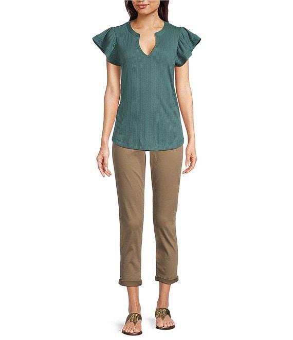 Democracy Petite Size Mix-Media Split V-Neck Cap Sleeve Shirttail Hem Knit Top Product Image