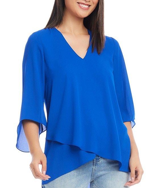 Karen Kane Silky Crepe V-Neck 3/4 Flutter Sleeve Asymmetric Crossover Hem Top Product Image