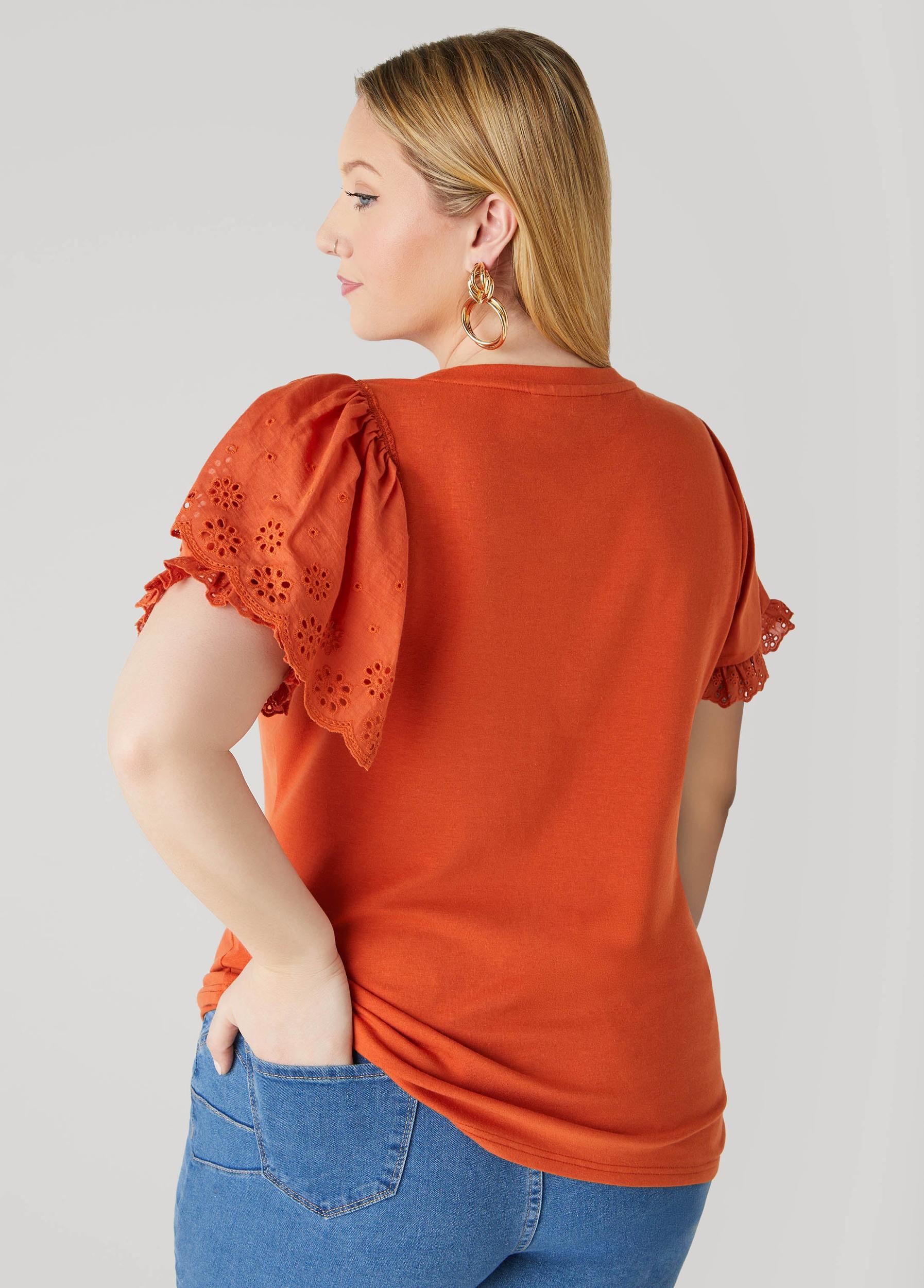 Plus Size Floral Applique Poplin Paneled Tee Ashley Stewart Product Image