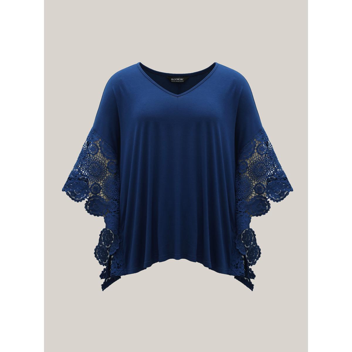 Plus Size V-Neck Crochet Lace Batwing Sleeve T-Shirt Indigo Women Elegant Patchwork V-neck Loose Everyday T-shirts BloomChic 10/M Product Image