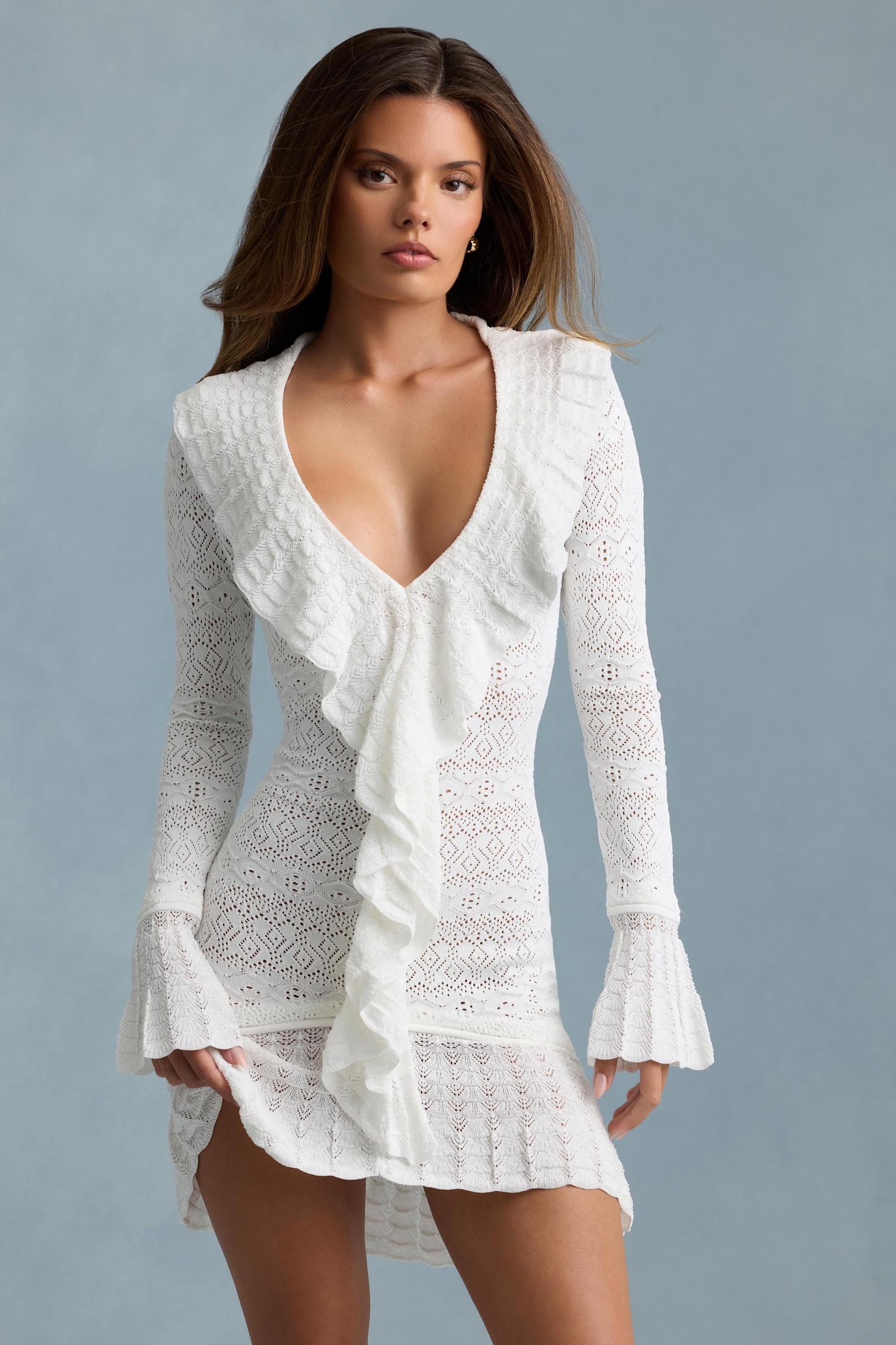 Ruffle-Trim Pointelle-Knit Mini Dress in White Product Image