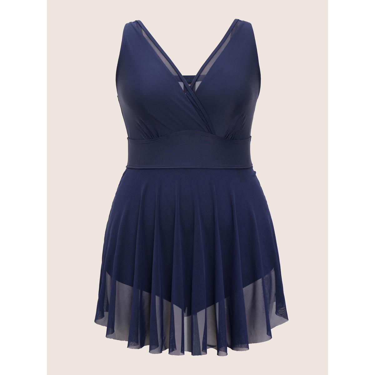 Plus Size Overlap Collar Mesh Patchwork Flutter Hem Swim Dress Women's Swimwear Indigo Beach Skinny V-neck High stretch Curve Swim Dresses BloomChic 28/5X Product Image