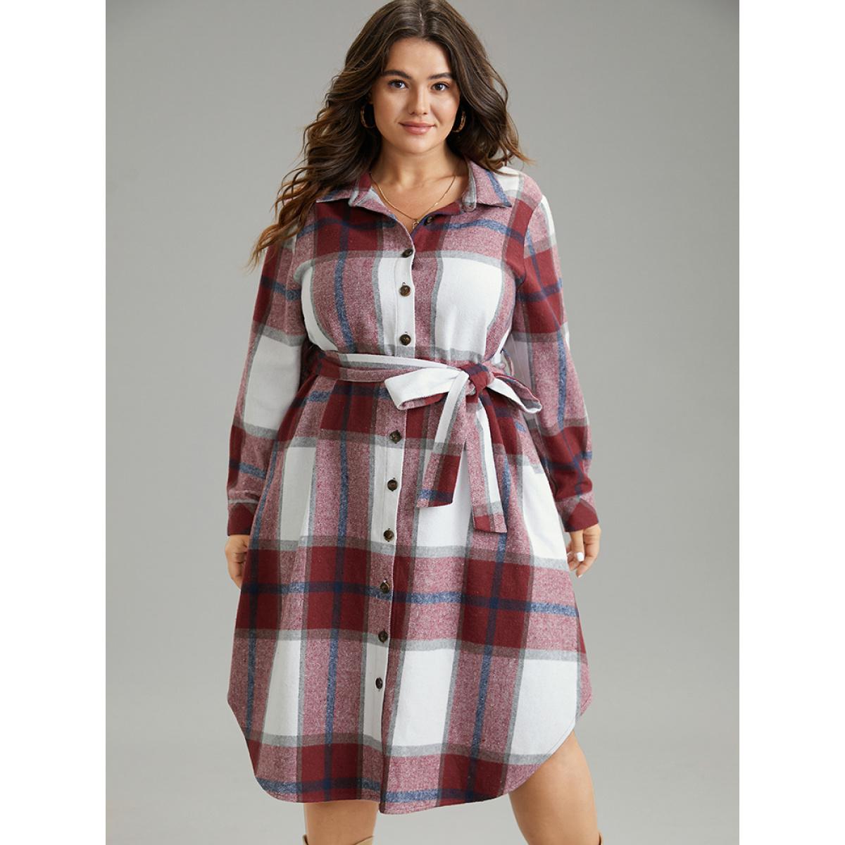 Plus Size Plaid Shirt Collar Button Through Belted Dress Scarlet Women Casual Belted Shirt collar Long Sleeve Curvy Midi Dress BloomChic 12/L Product Image