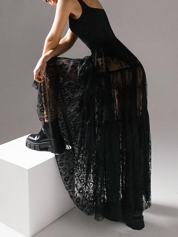 A-Line High Waisted Elasticity Hollow Jacquard Mesh See-Through Split-Joint Skirts Bottoms Product Image