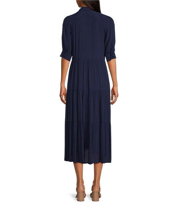 A Loves A Button Down Collar Short Balloon Cuff Sleeve Tiered Waistless Midi Shirt Dress Product Image