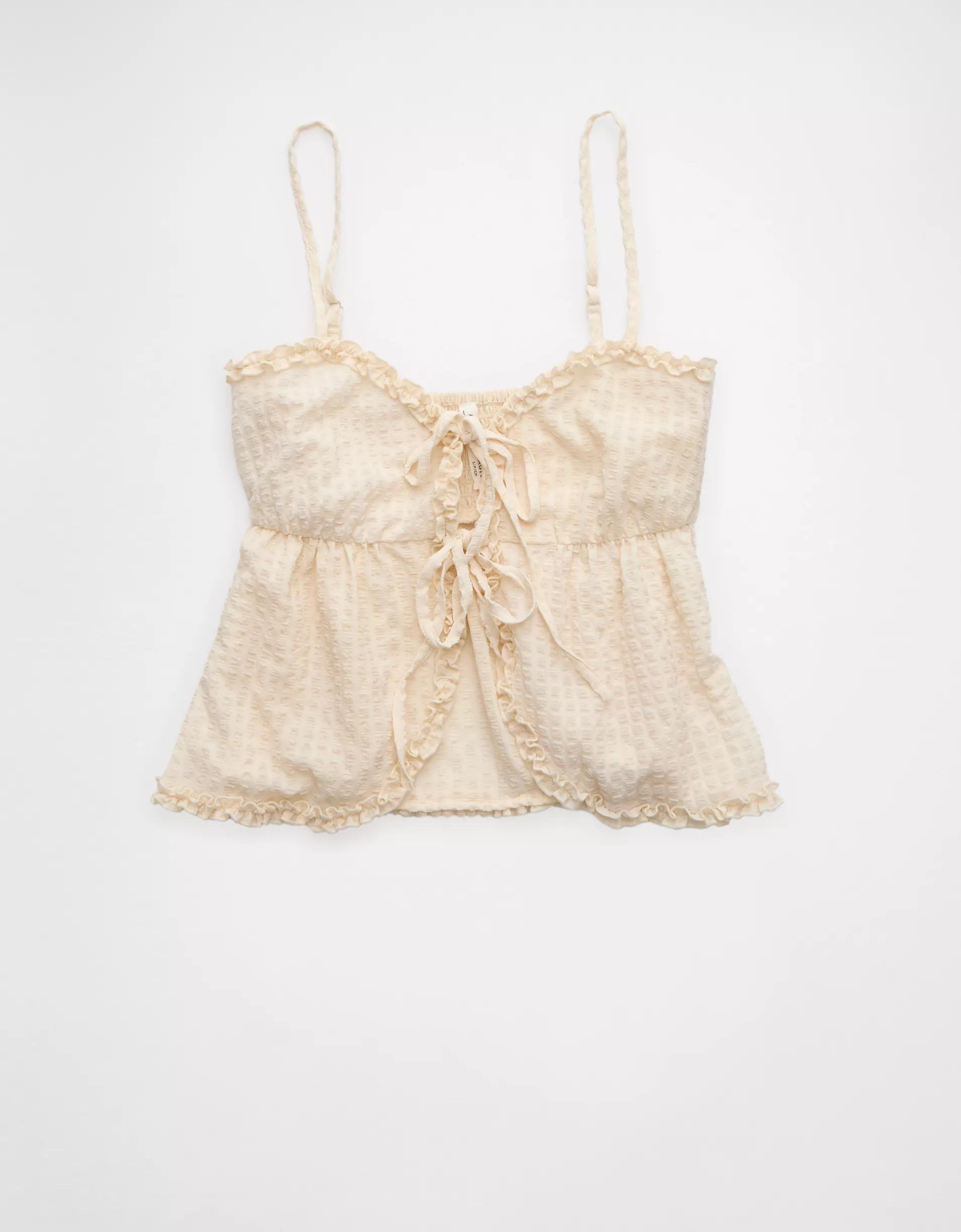 AE Tie Front Ruffle Trim Tank Top Product Image