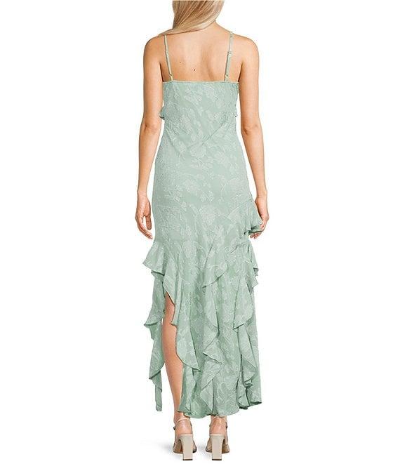 Allison & Kelly Floral Jacquard V-Neck Cascading Ruffle Tiered Dress Product Image