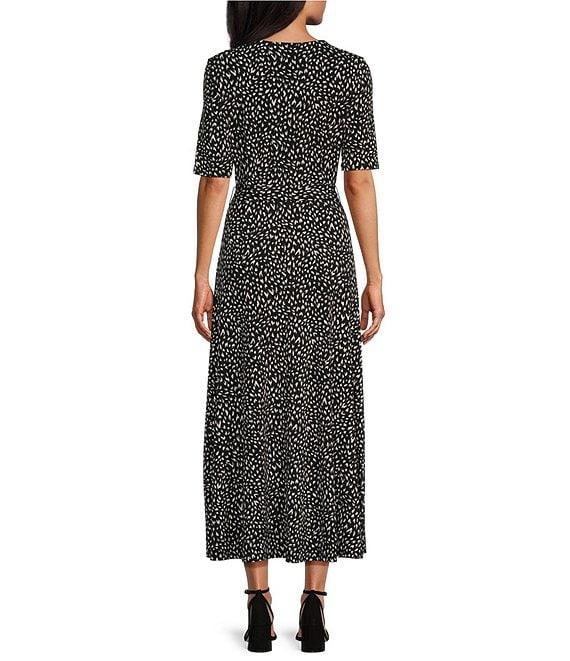 Preston & York Sydney Antelope Print Knit V-Neck Short Sleeve Tie Waist Faux Wrap Midi Dress Product Image