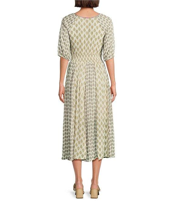 Nurture V-Neck Smocked Bodice Elbow Sleeve Midi Dress Product Image