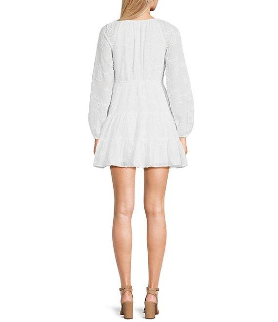 Allison & Kelly Printed V-Neck Long Sleeve Tie Front Dress Product Image