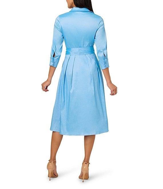 Adrianna Papell Silky Taffeta Collared V-Neck Oversize Bow Sash 3/4 Sleeve Button Front Shirt Midi Dress Product Image