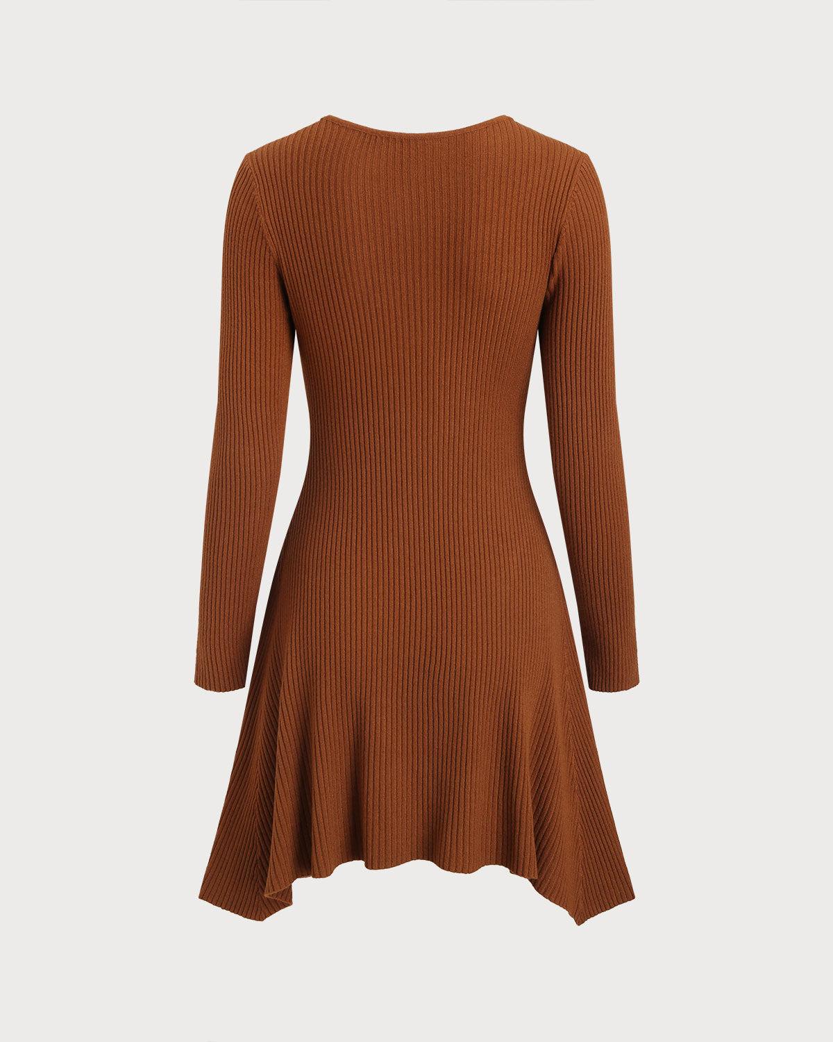 Caramel A-Line Pleated Sweater Dress Product Image