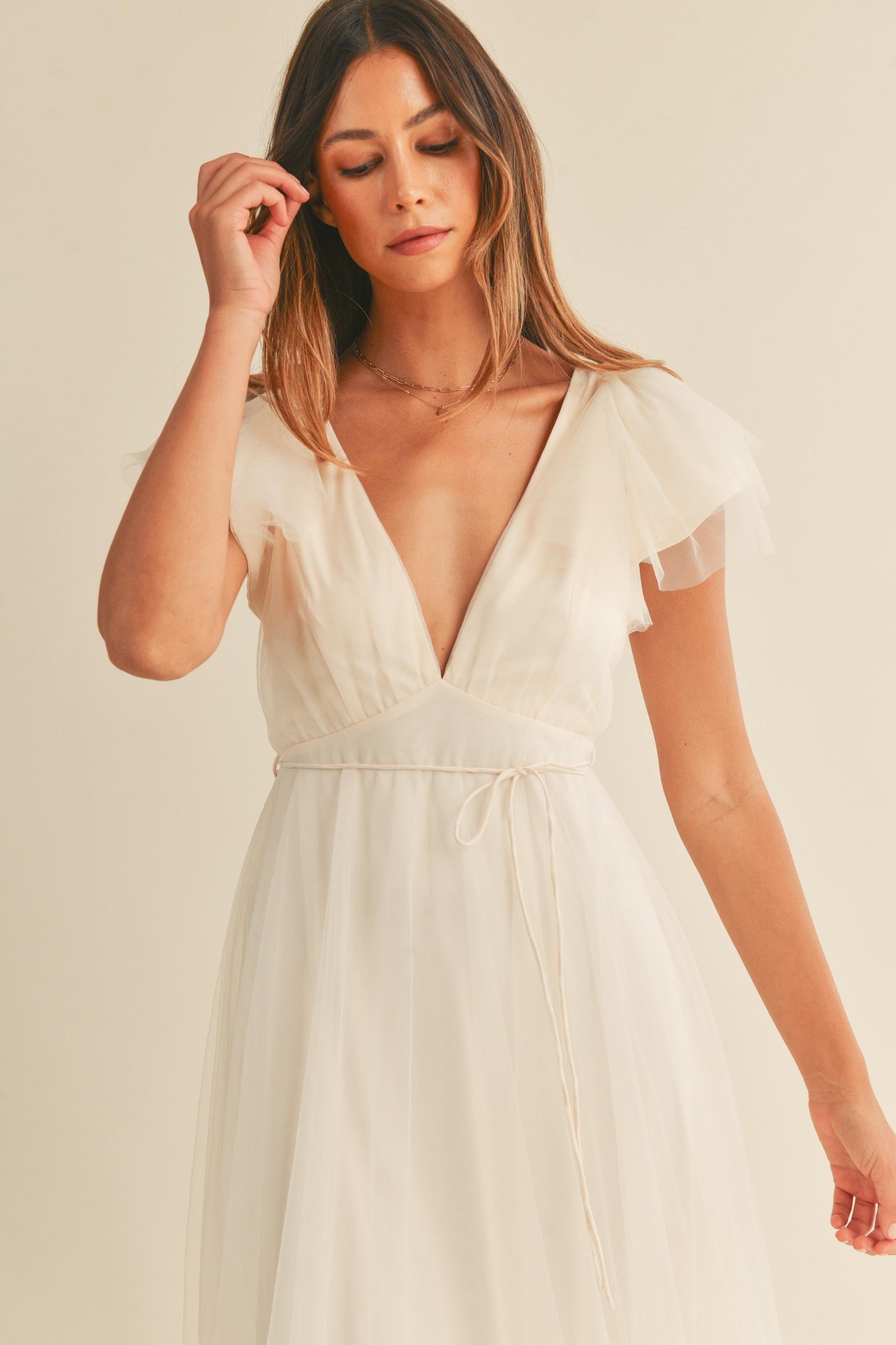 Tulle V neck Ruffle Sleeve Midi Dress Product Image