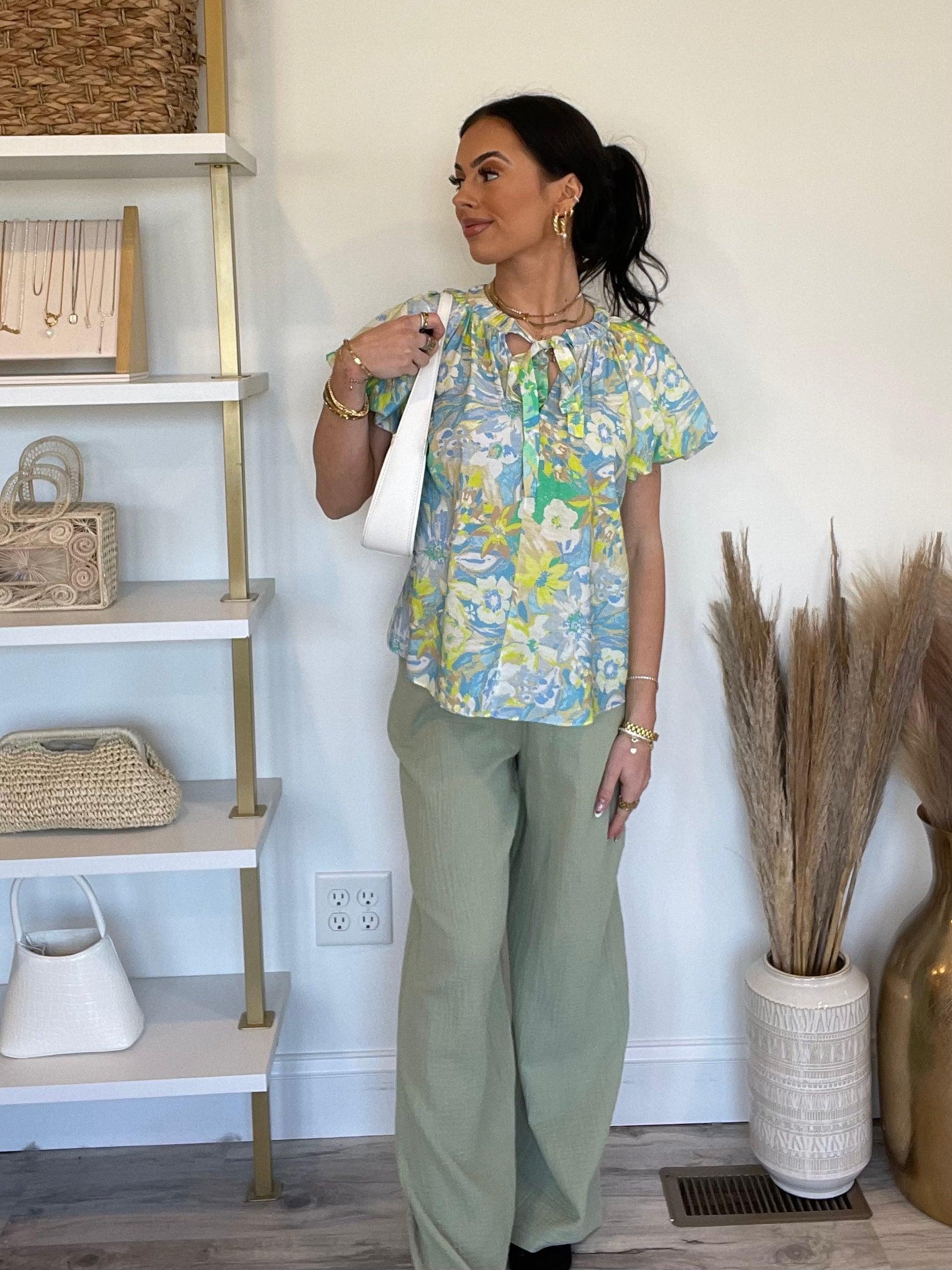 FINAL SALE Current Air Emaline Floral Puff Sleeve Top | Green Multi Product Image