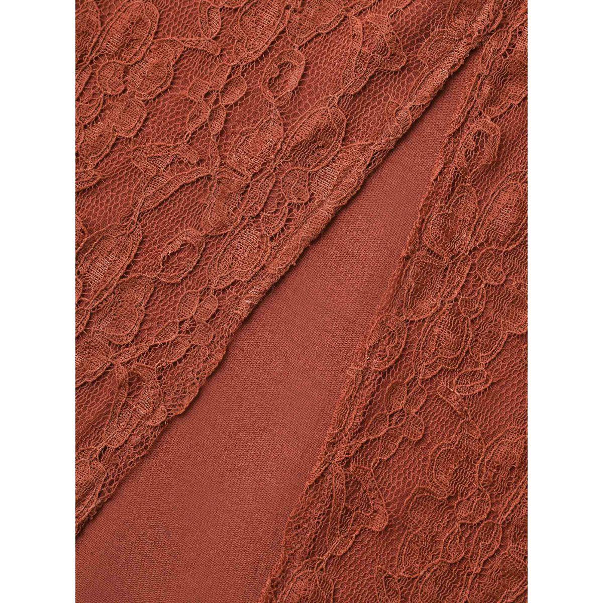 Plus Size Rust Sheer Lace Sleeve Open-Front Design Blouse Women Elegant Elbow-length sleeve Round Neck Everyday Blouses BloomChic 30/6X Product Image