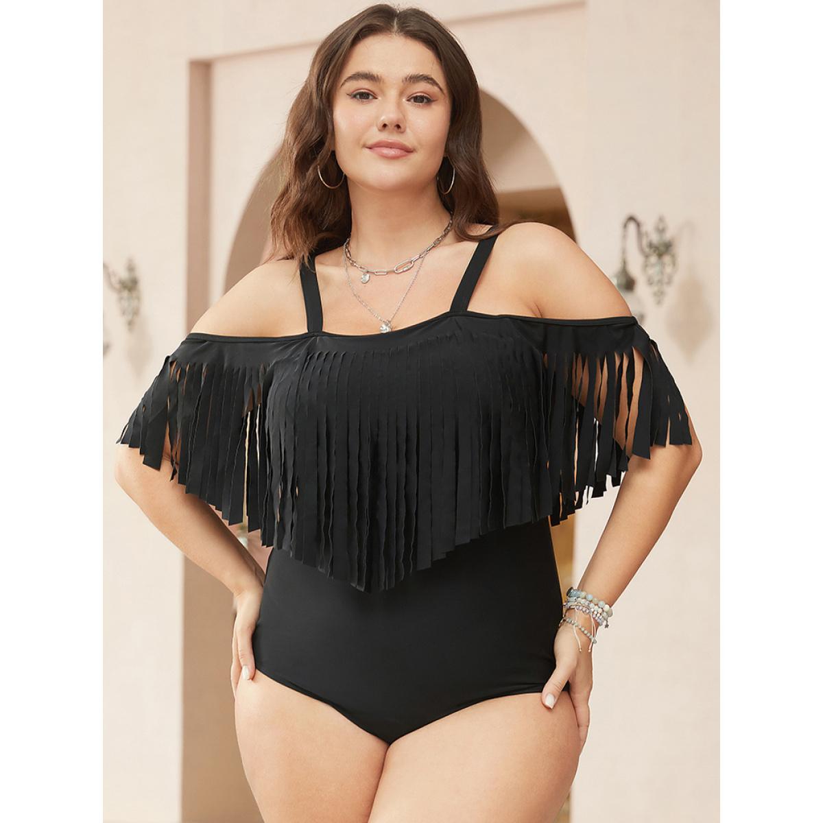 Plus Size Cold Shoulder Fringe Trim One Piece Swimsuit Women's Swimwear Black Vacation Adjustable Straps Curve Bathing Suits High stretch One Pieces BloomChic 12/L Product Image