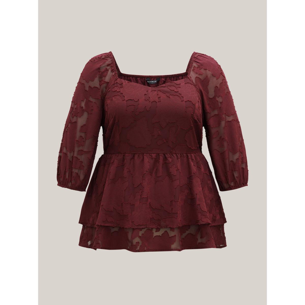 Plus Size Burgundy Sweetheart Neckline Jacquard Layered Blouse Women Elegant Elbow-length sleeve Heart neckline Everyday Blouses BloomChic 18-20/2X Product Image