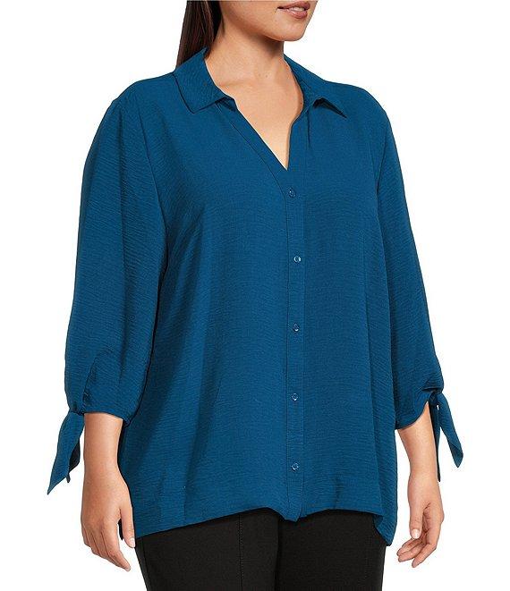Slim Factor by Investments Plus Size Nicole Point Collar Y-Neck 3/4 Tie Sleeve Button Front Top Product Image