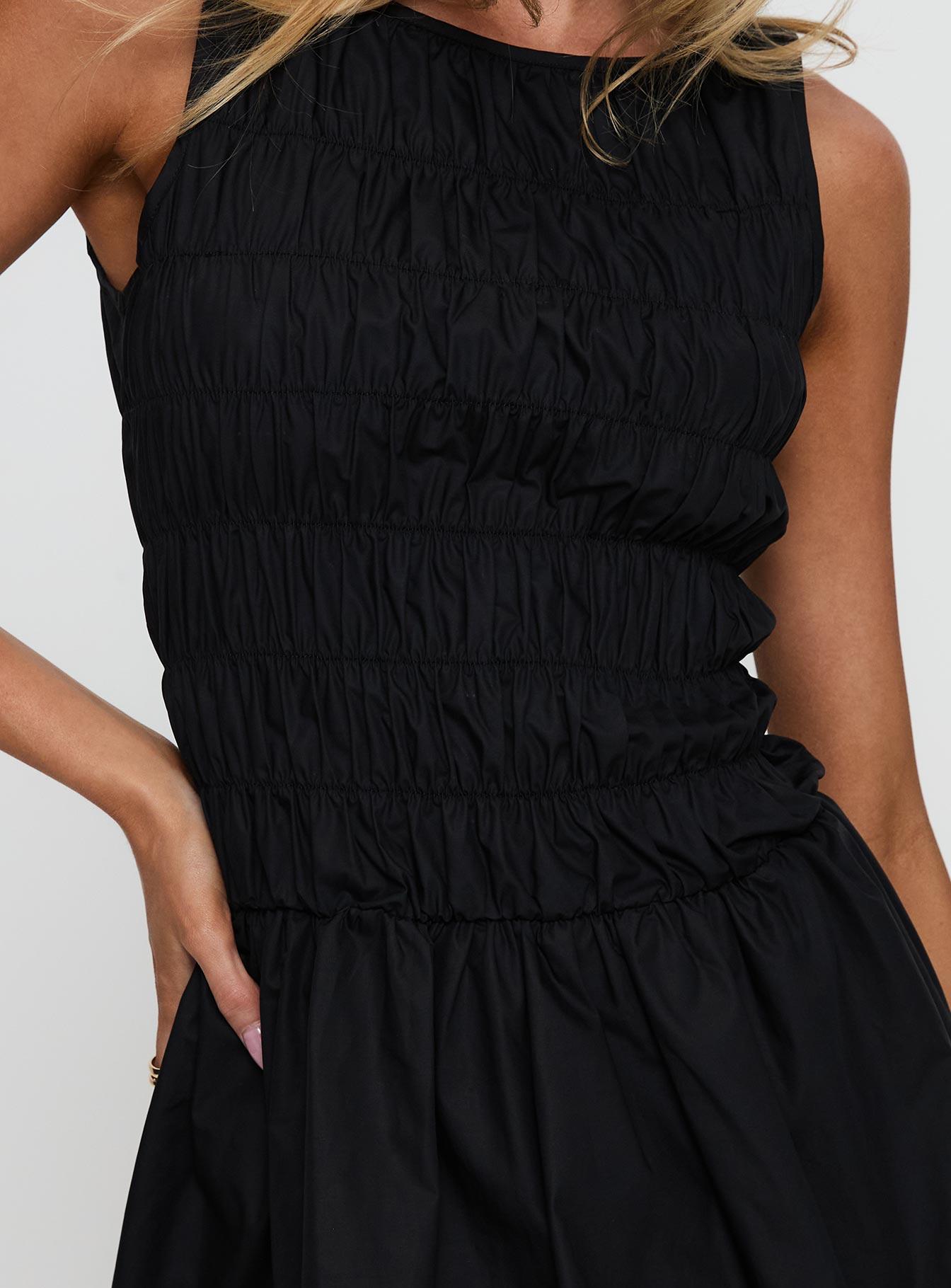 Demure Shirred Bubble Hem Mini Dress Black Product Image