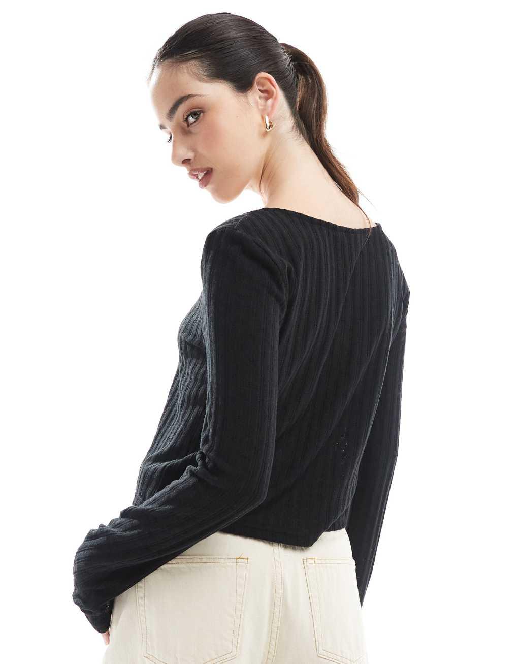 Pieces pointelle cardigan in black Product Image