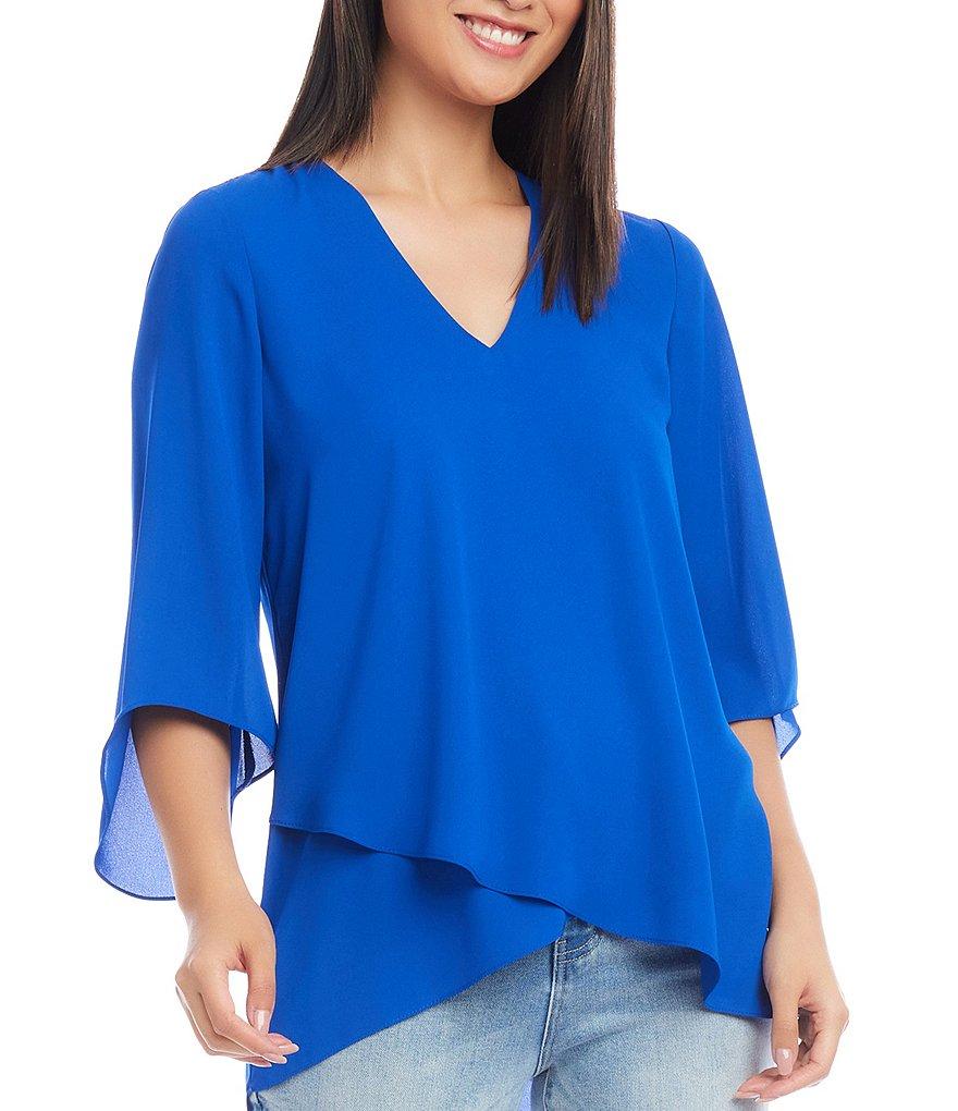 Karen Kane Silky Crepe V-Neck 3/4 Flutter Sleeve Asymmetric Crossover Hem Top Product Image