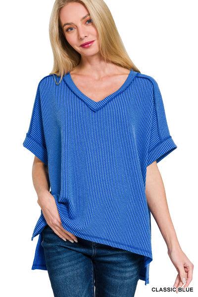 Corded V Neck Top- Grey Product Image
