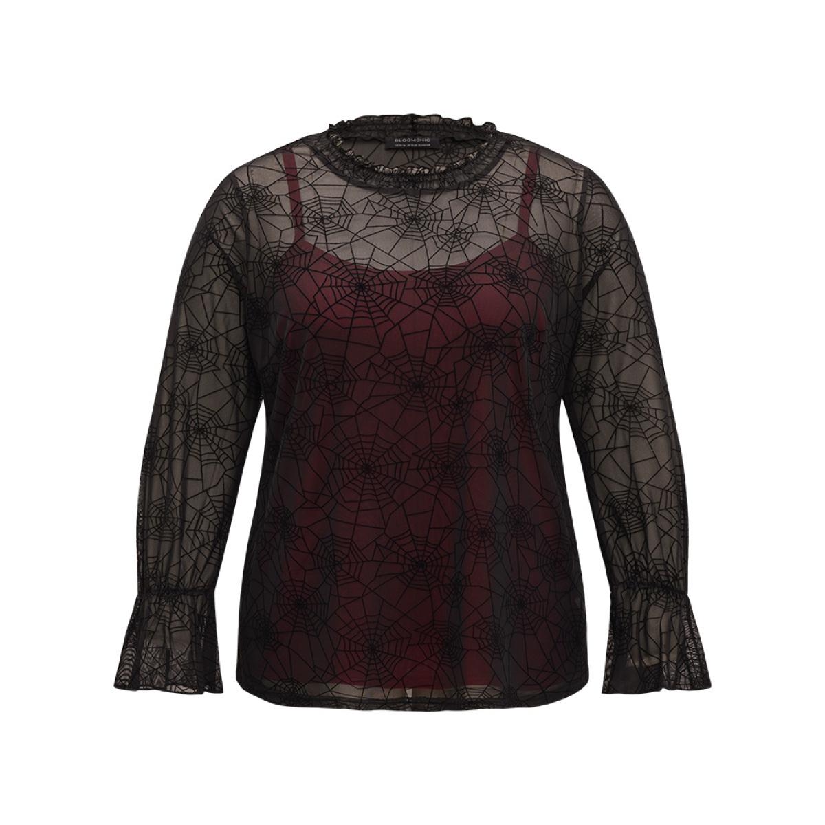 Plus Size Black Halloween Spider Web Mesh Bell Sleeve Blouse Women Elegant Long Sleeve Halter neck Festival-Halloween Blouses BloomChic 12/L Product Image