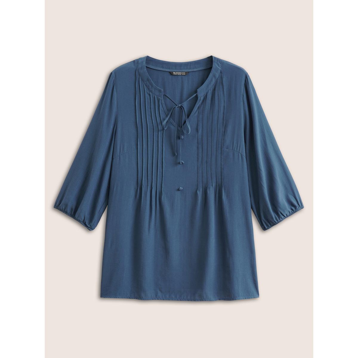 Plus Size Stone Plain Pleated Knot Neck Lantern Sleeve Blouse Women Casual Elbow-length sleeve Notched collar Everyday Blouses BloomChic 12/L Product Image
