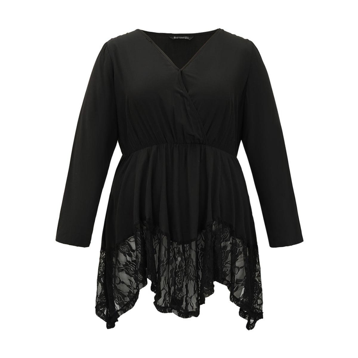 Plus Size Black Halloween Plain Lace Asymmetrical Hem Blouse Women Elegant Long Sleeve V-neck Dailywear Blouses BloomChic 14-16/1X Product Image